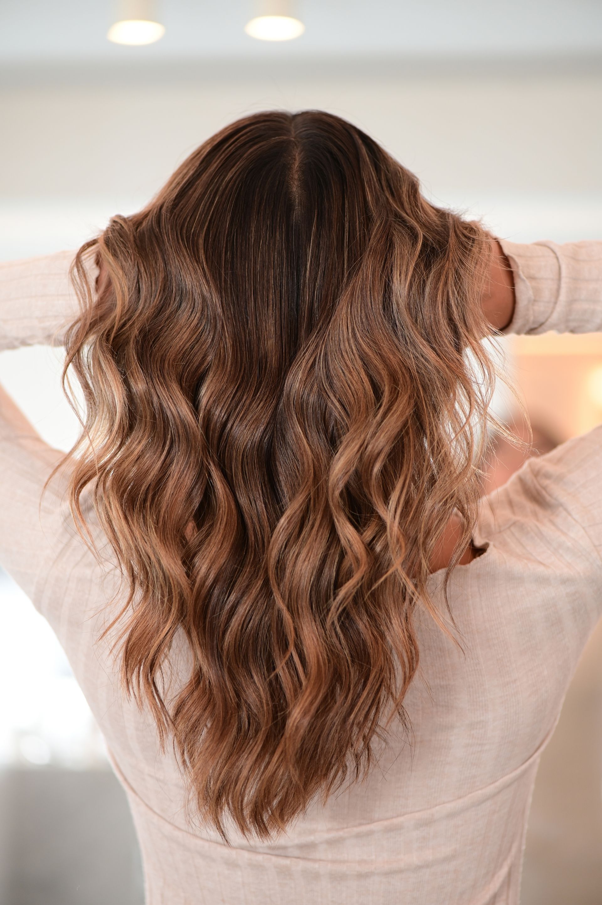 The back of a woman 's head with long wavy hair.