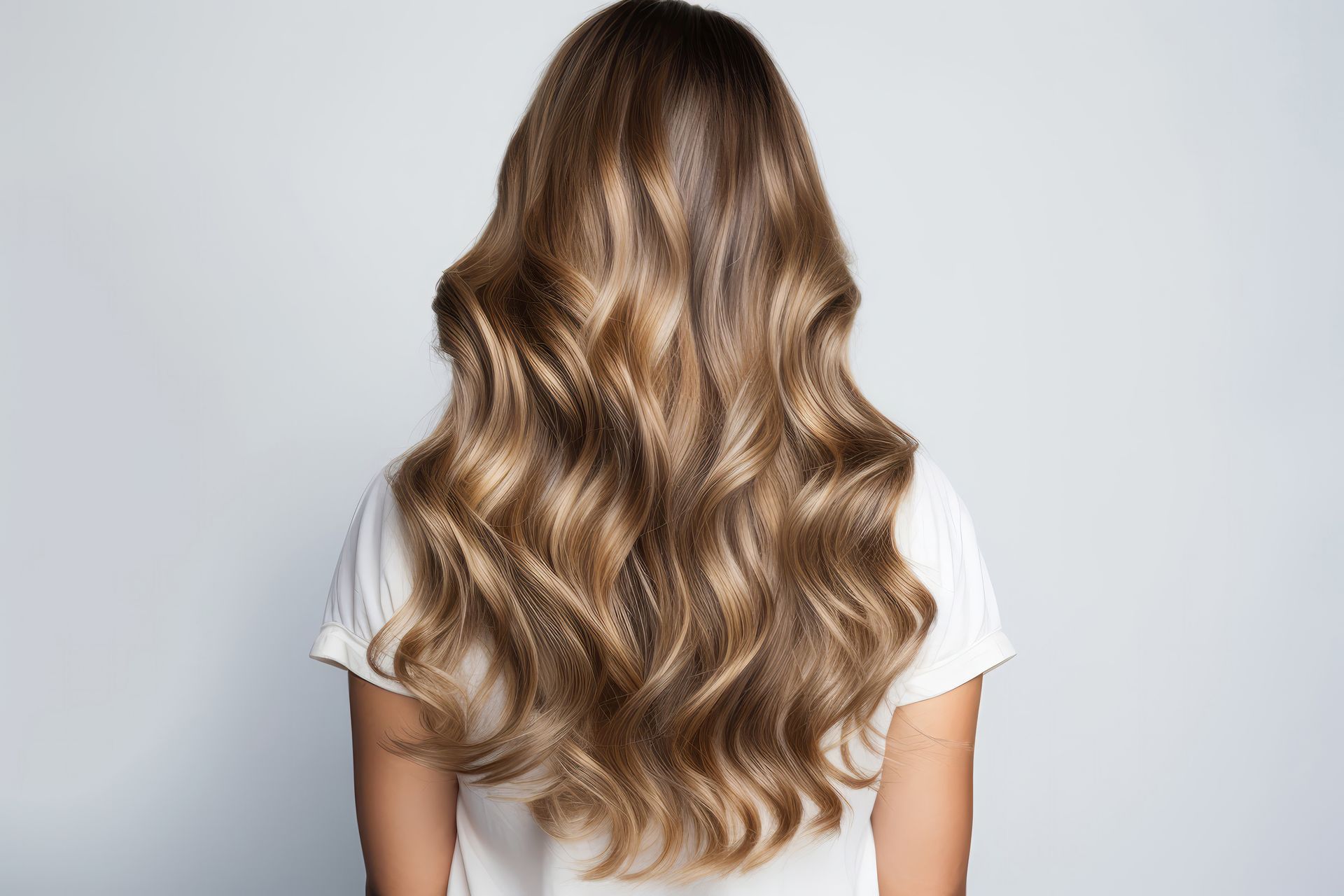 A woman with long wavy hair is wearing a white shirt.