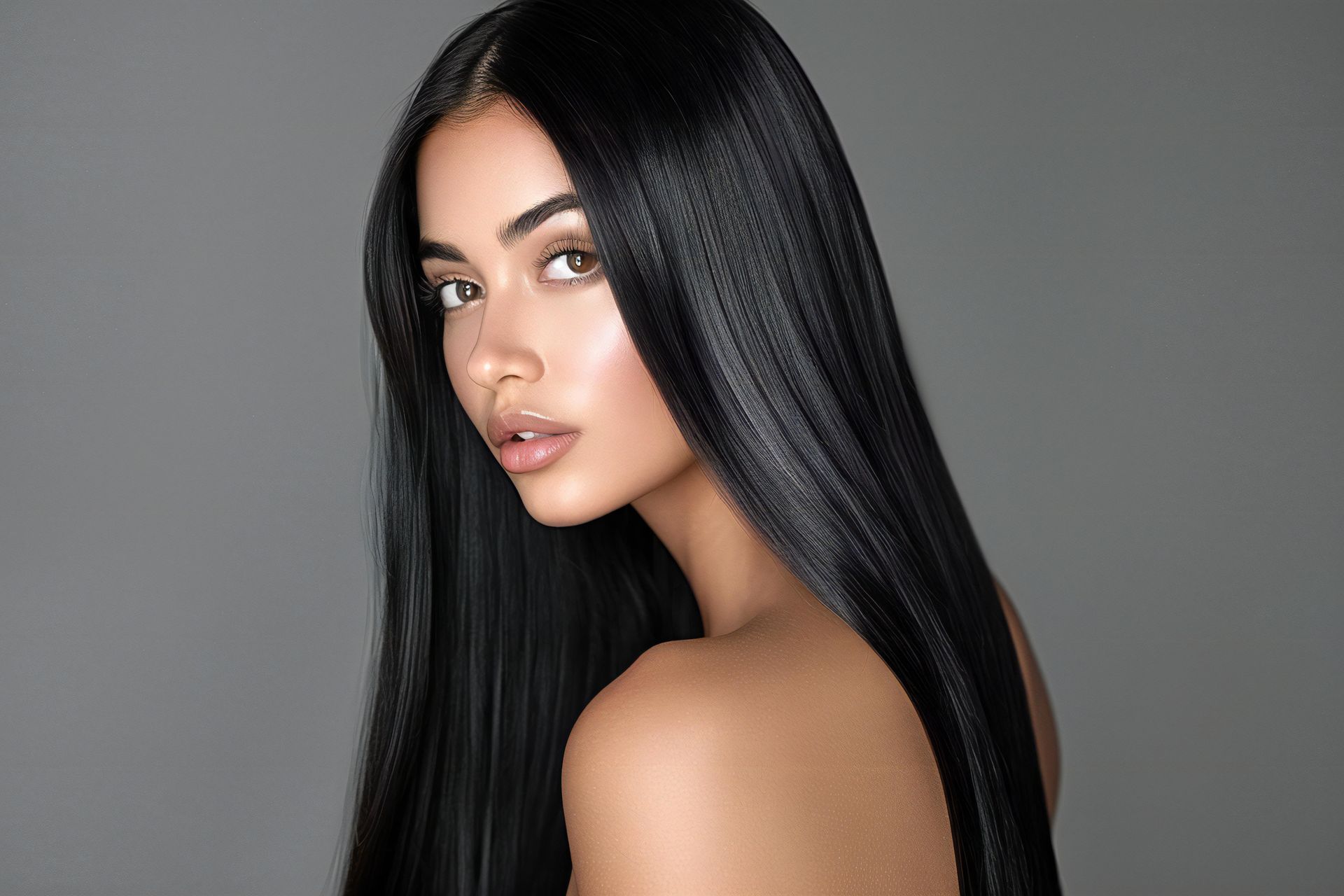 A woman with long black hair is looking over her shoulder at the camera.