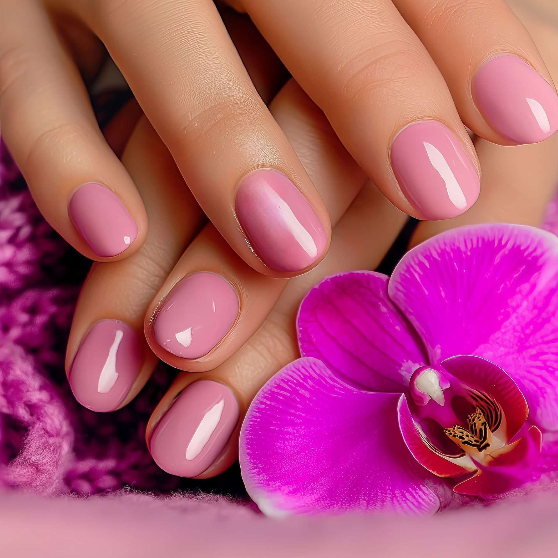 A woman 's hands with pink nails and a purple flower