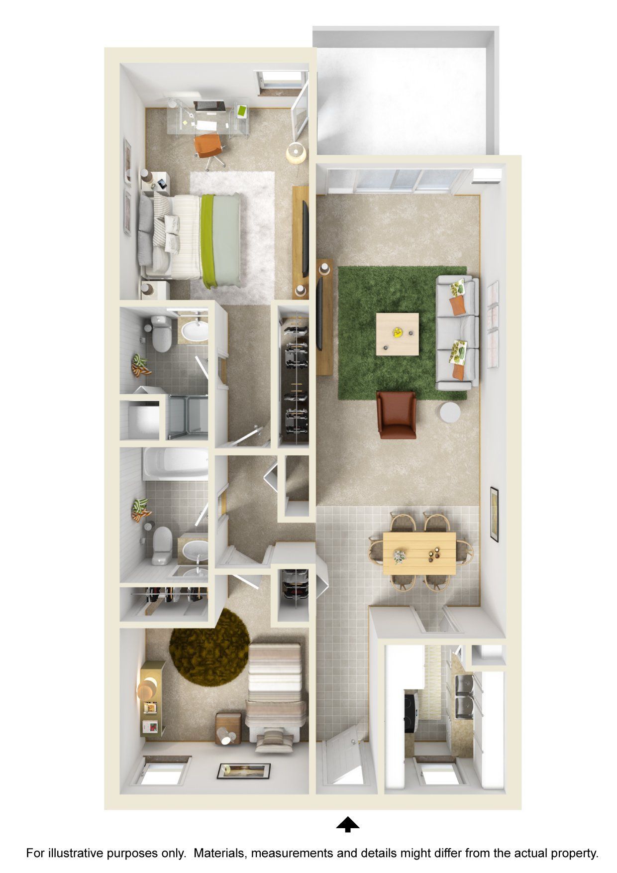 A 3d floor plan of a house with a bedroom , living room , dining room , and bathroom.