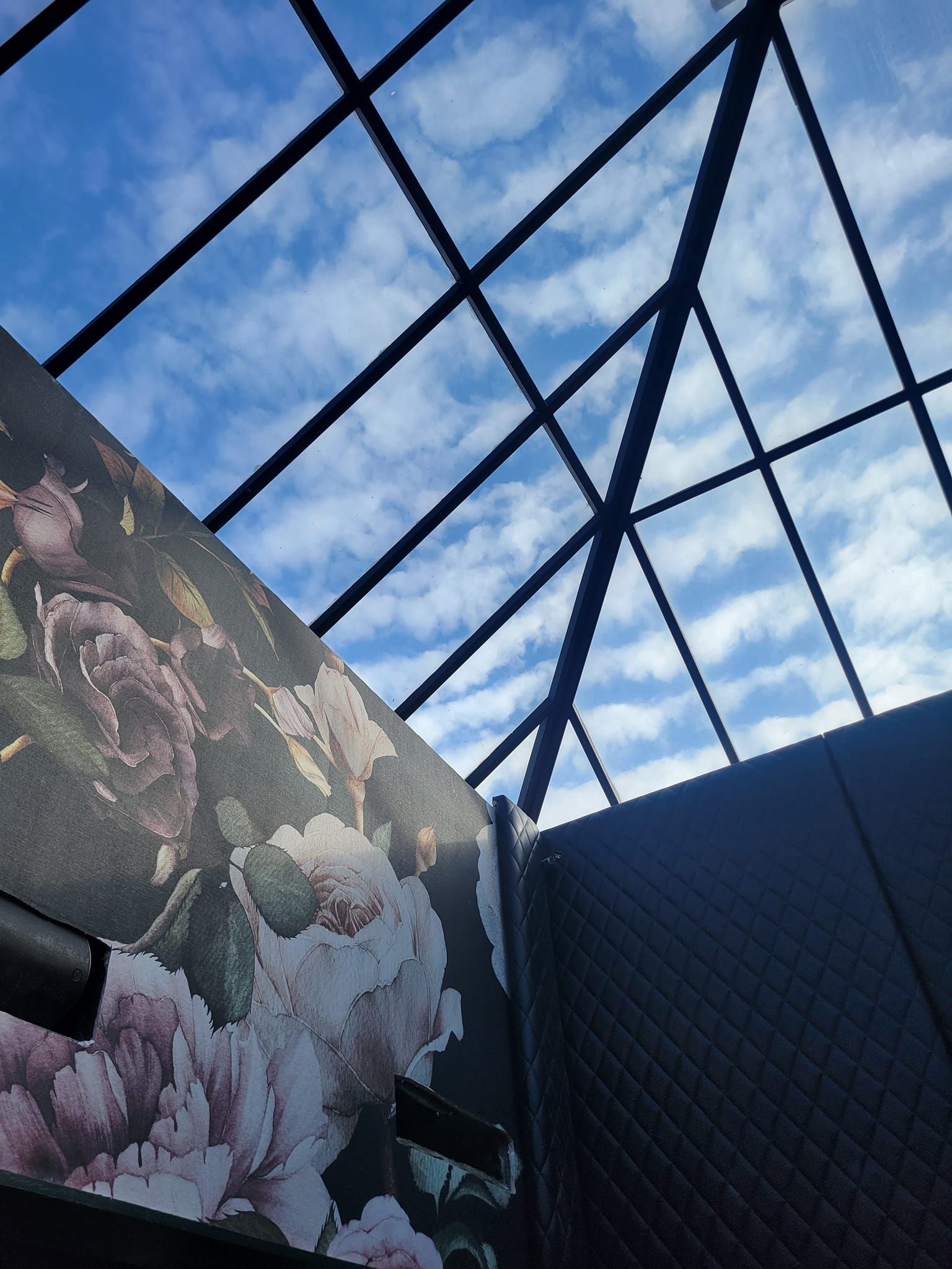 Looking up at the sky through a glass roof