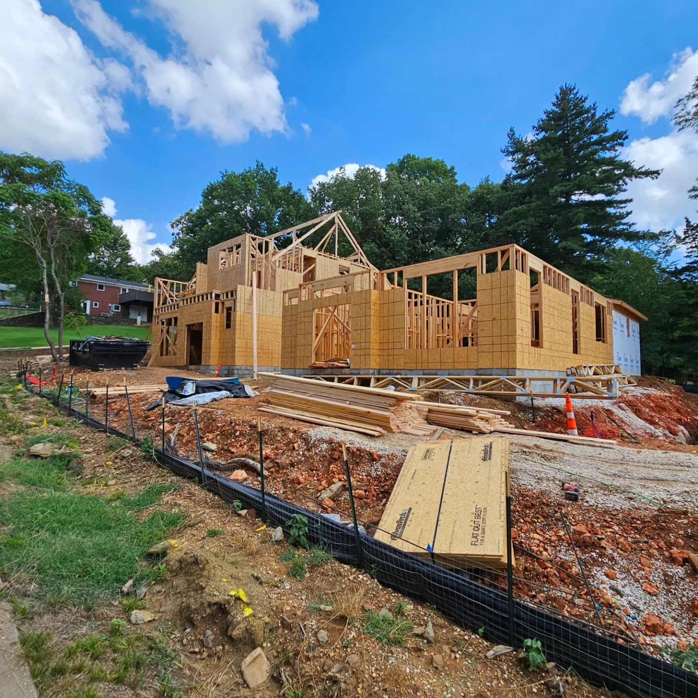 A house is being built in the middle of a dirt field.