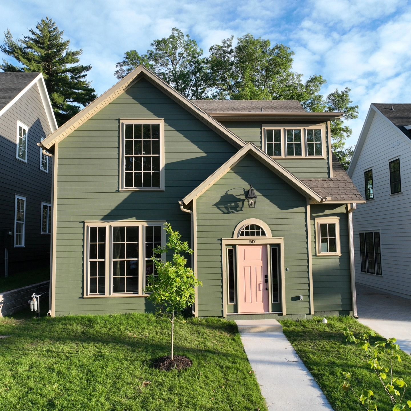 A green house with a pink door and windows