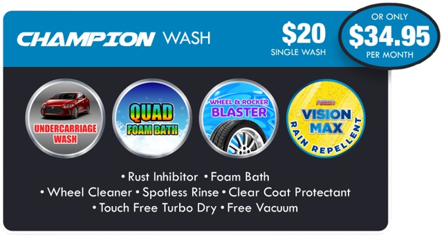 A sign for a champion wash that says $ 20 $ 34.95 per month