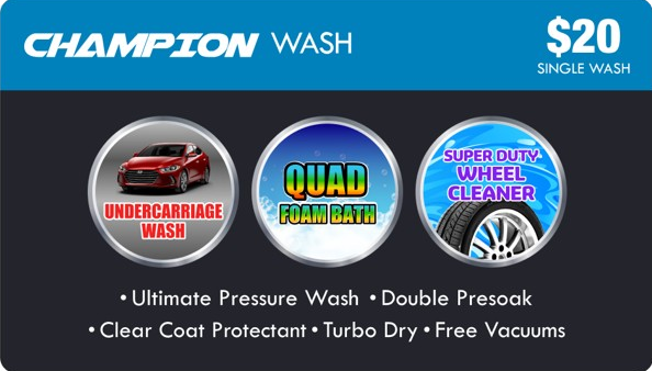 A coupon for a $ 20 single wash from champion wash