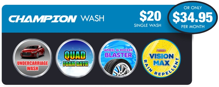 A sticker for a champion wash that says $ 20 $ 34.99 per month