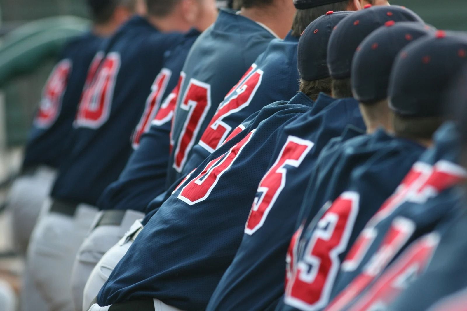Baseball players in navy blue jerseys with red numbers lined up on a bench.