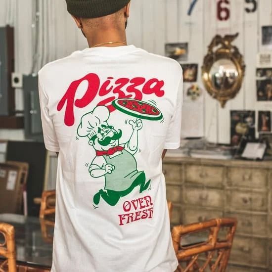 Man wearing a white t-shirt with a 