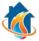 A house with a fire coming out of it and a water drop.