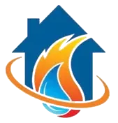 A house with a fire coming out of it and a water drop.
