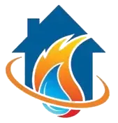 A house with a fire coming out of it and a water drop.