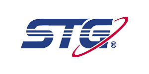 Logo for STG, a company, in blue with a red orbit around the "G".