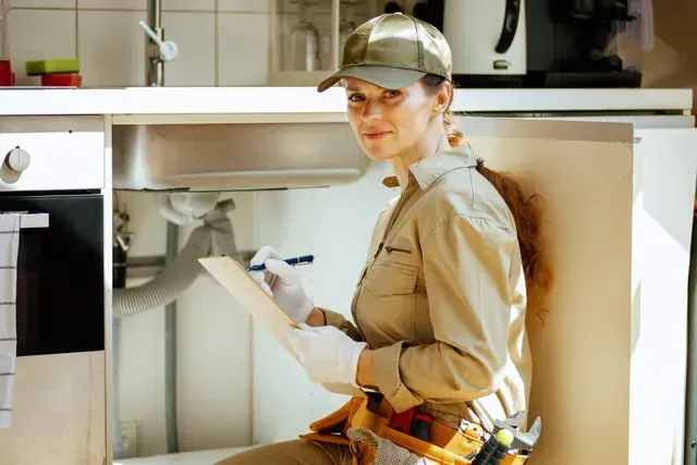A smiling plumber from a plumbing company takes notes while inspecting plumbing under a sink.