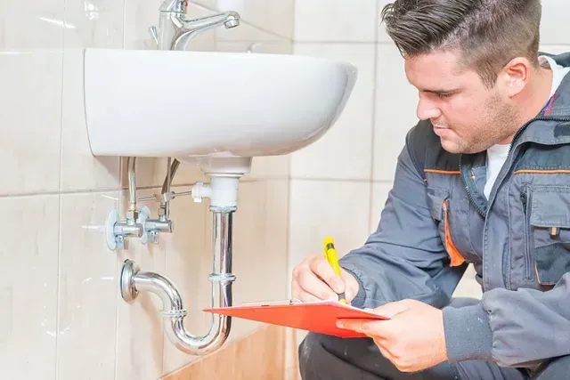 A plumber is kneeling down in front of a sink and writing on a clipboard.