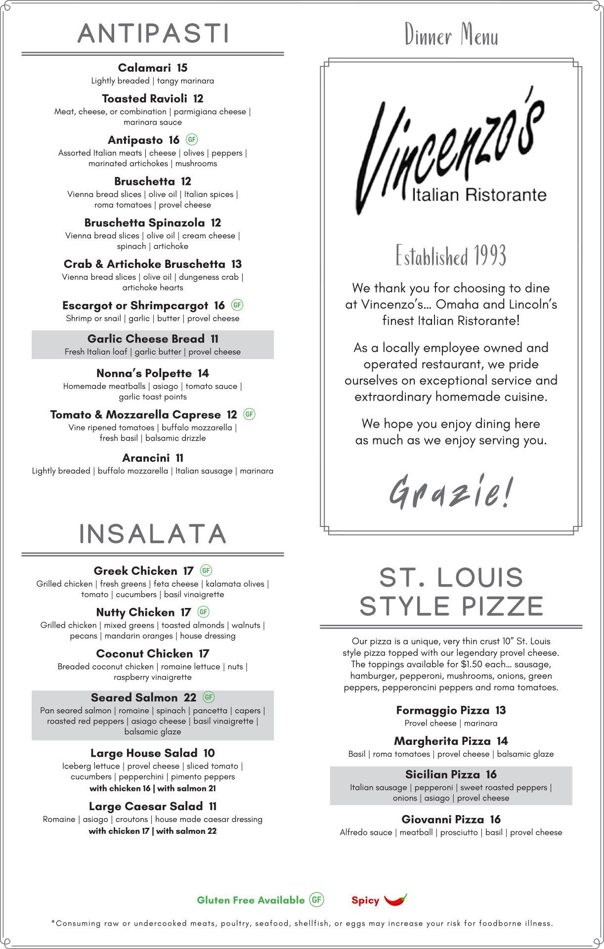 A menu for a restaurant called vincenzo 's in st. louis.