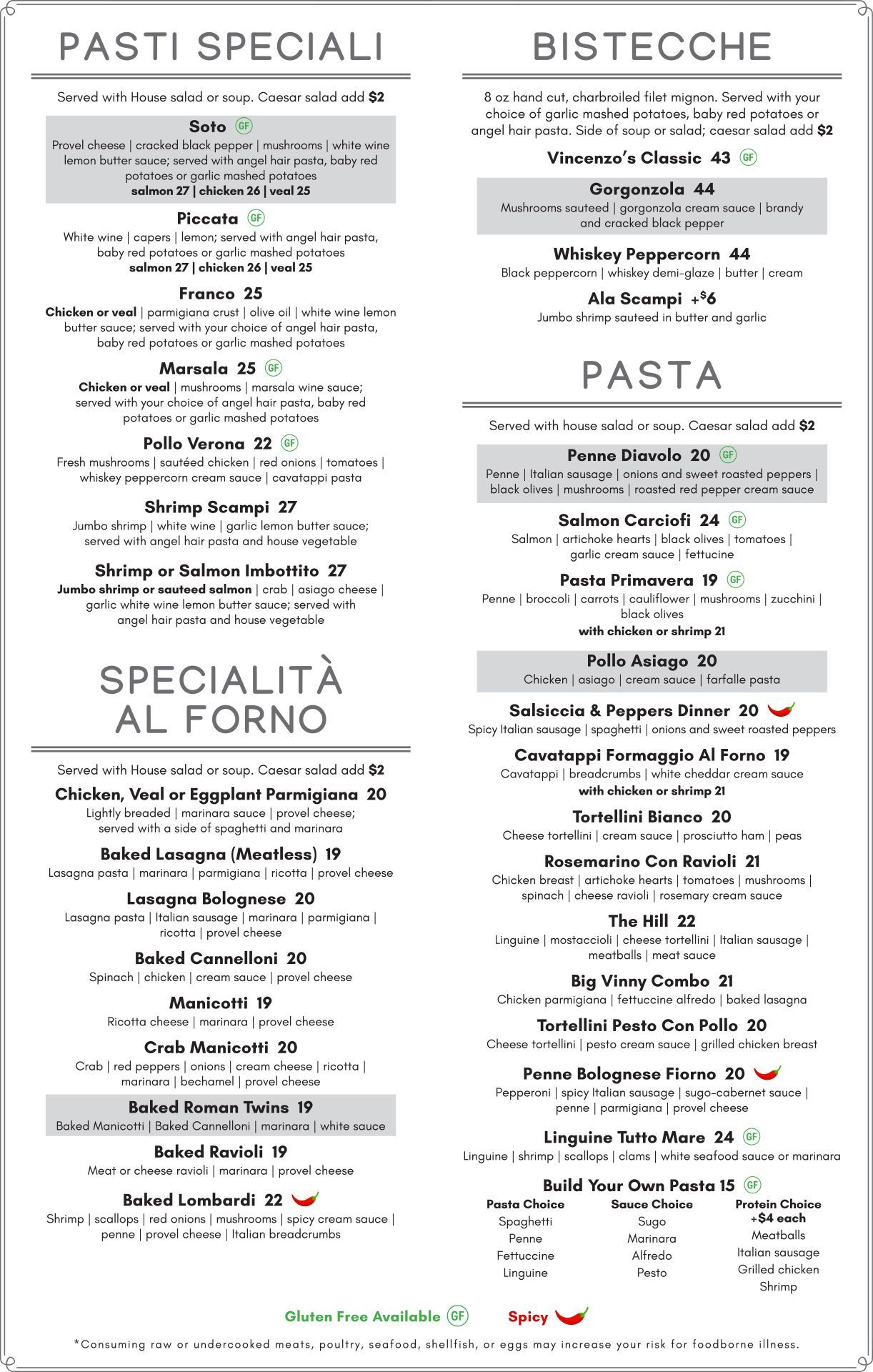 A menu for a restaurant called pasti speciali