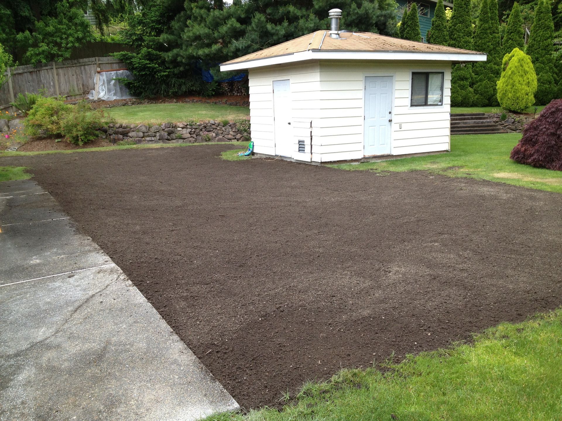 Freshly tilled dark soil, ready for planting, next to a concrete driveway and small white shed in a yard.