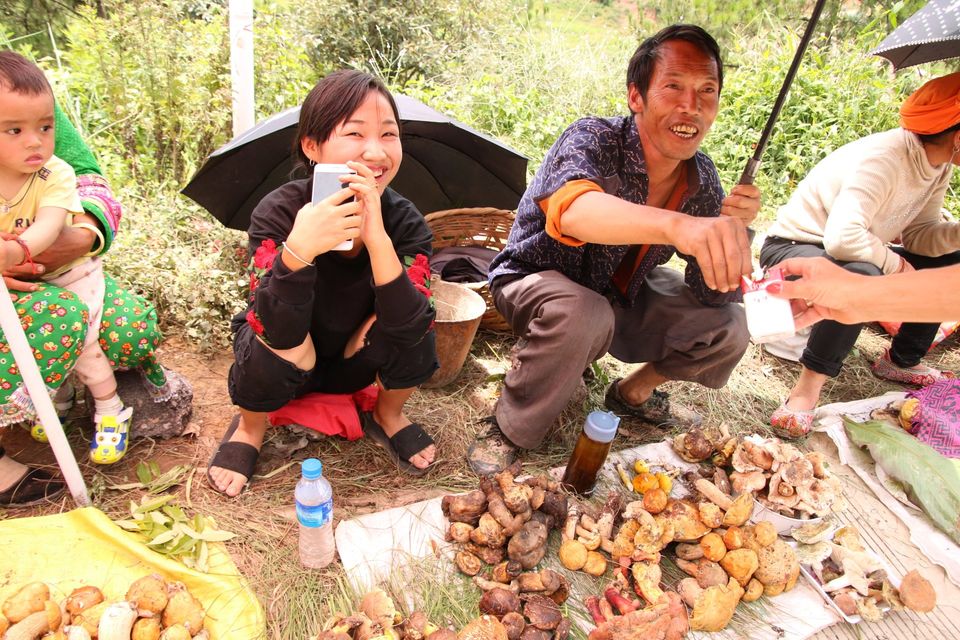 champignon verkopers aan de rand van de weg in China