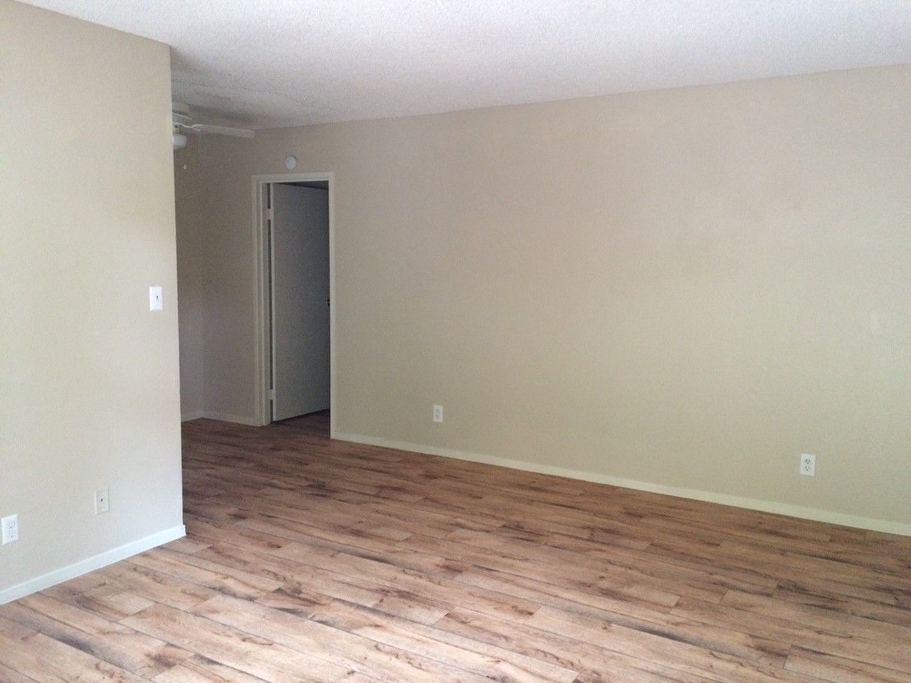 Empty beige room with wood-look flooring and an open doorway in the back wall