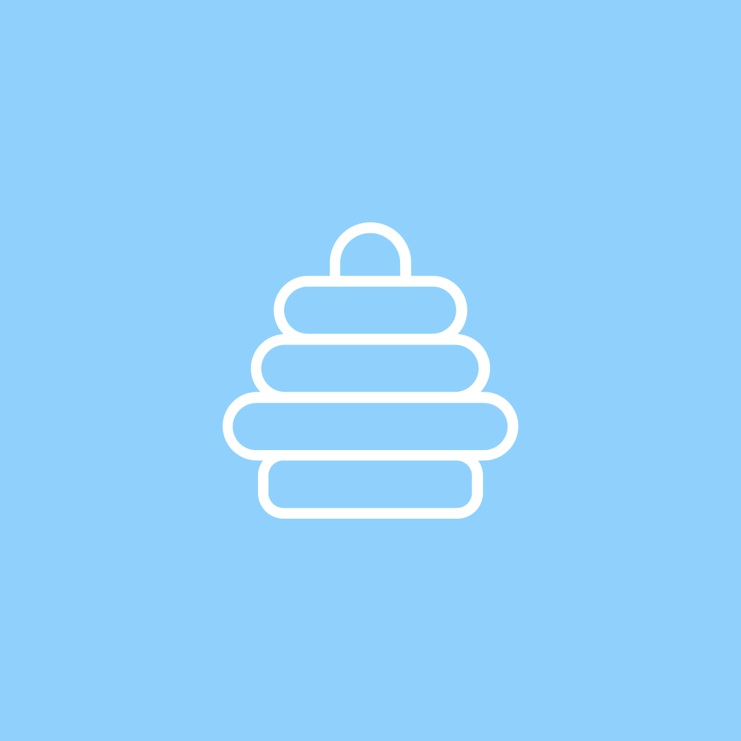 White outline of a stacking toy with round rings and a top knob, centered on a light blue background.