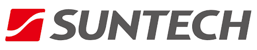 Suntech-logotypen är röd och grå på en vit bakgrund.