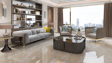 Luxurious living room with gray sofa, armchairs, marble floor, city view through large window.