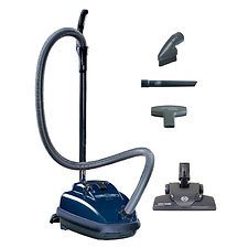 A blue vacuum cleaner with a hose and attachments on a white background.