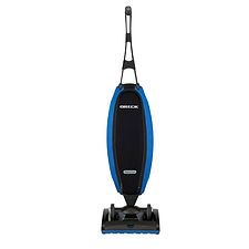 A blue and black vacuum cleaner on a white background.