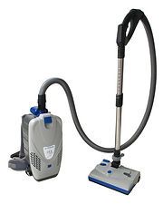 A vacuum cleaner with a hose attached to it on a white background.