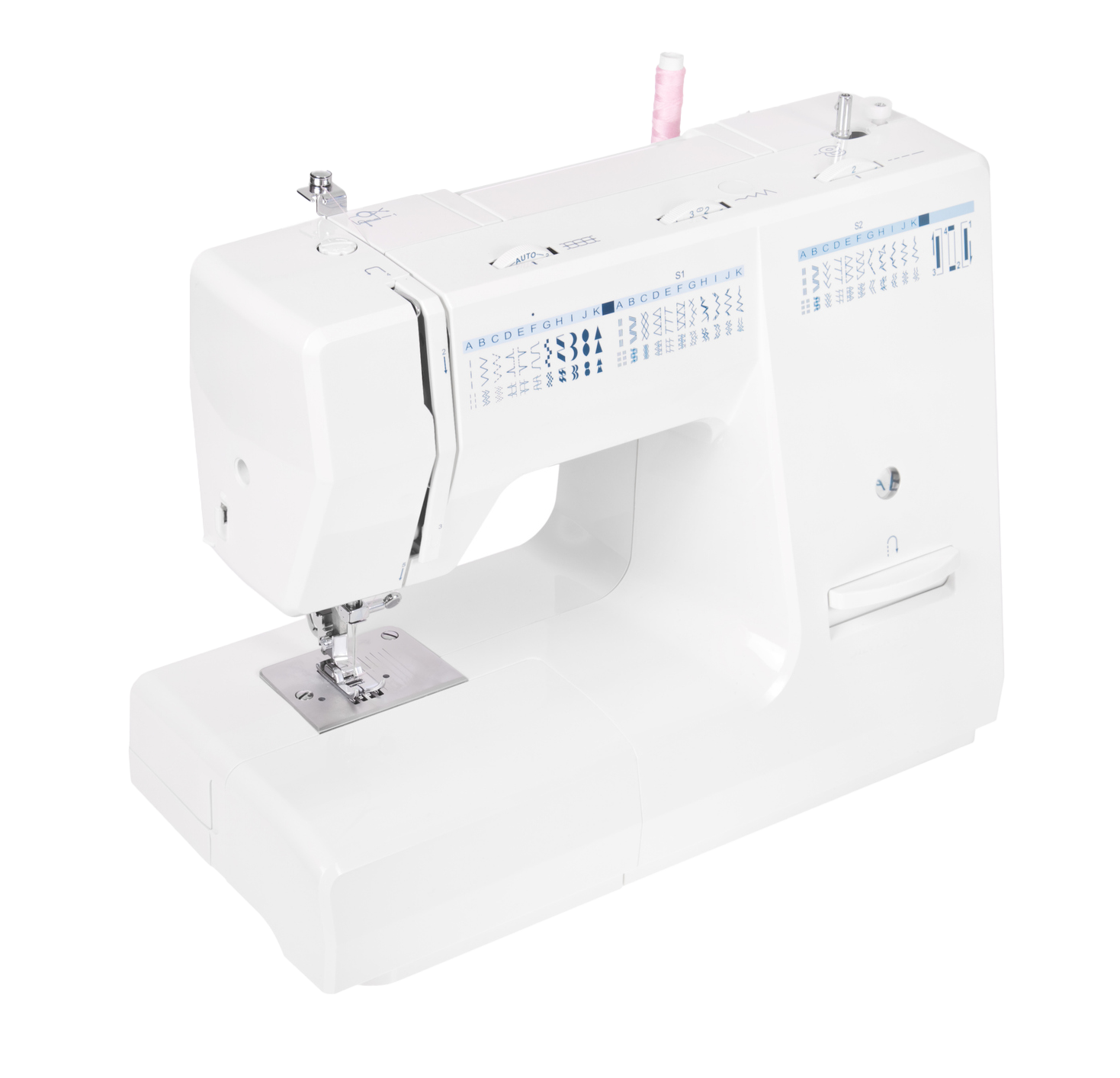 A white sewing machine is sitting on a white surface