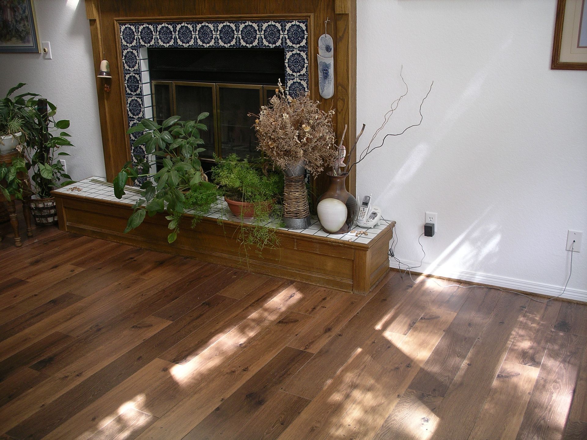 Living room with hardwood floor, fireplace, and potted plants along the hearth