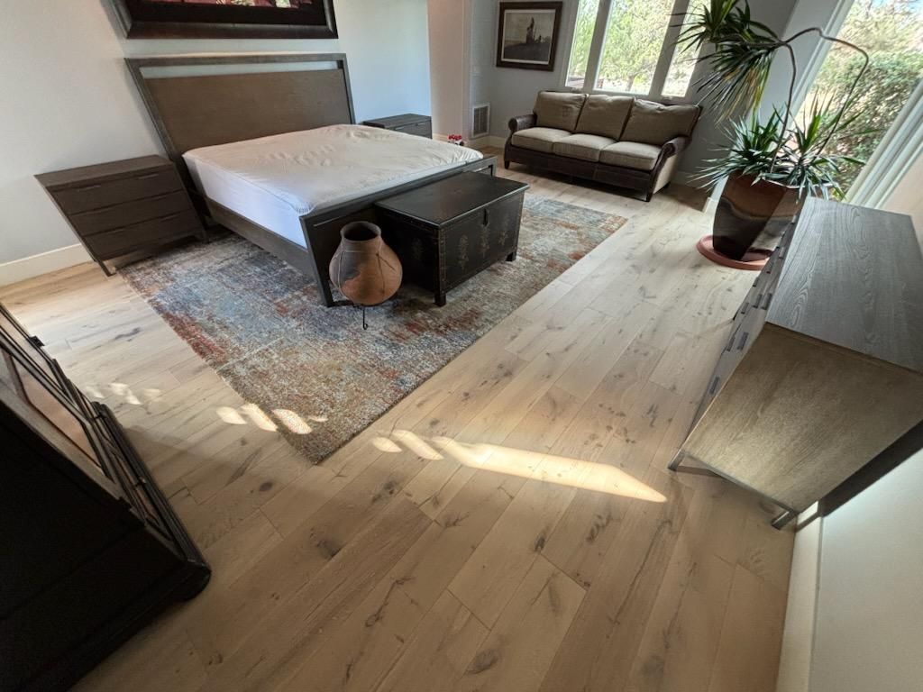 Bright bedroom with a bed, rug, sunlight, and a dog under the bed
