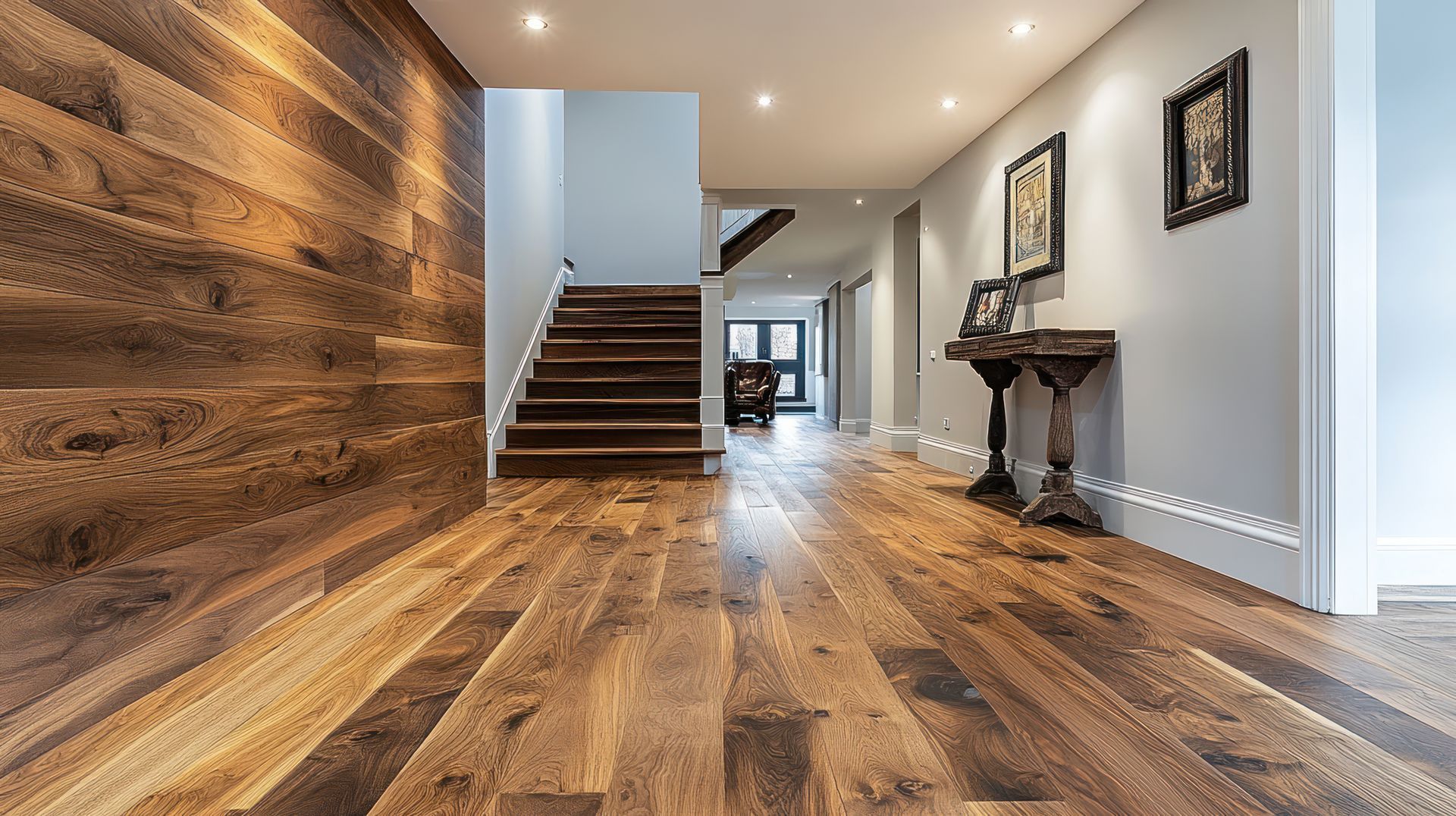 A wide hallway featuring dark wood plank flooring, a reclaimed wood accent wall, a staircase, and a console table.