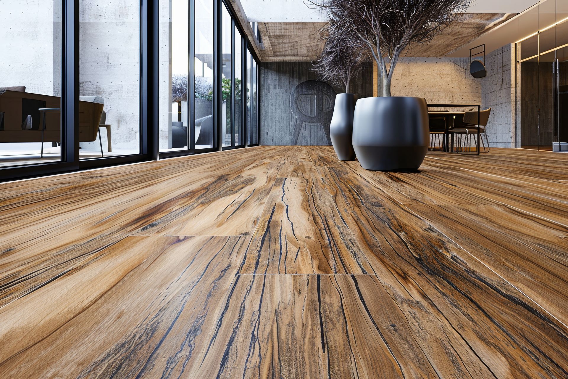 Wide-angle view of a room with polished, distressed wood flooring, large floor-to-ceiling windows, and potted plants.