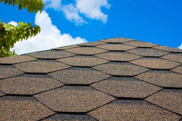 A close up of a roof with a blue sky in the background.
