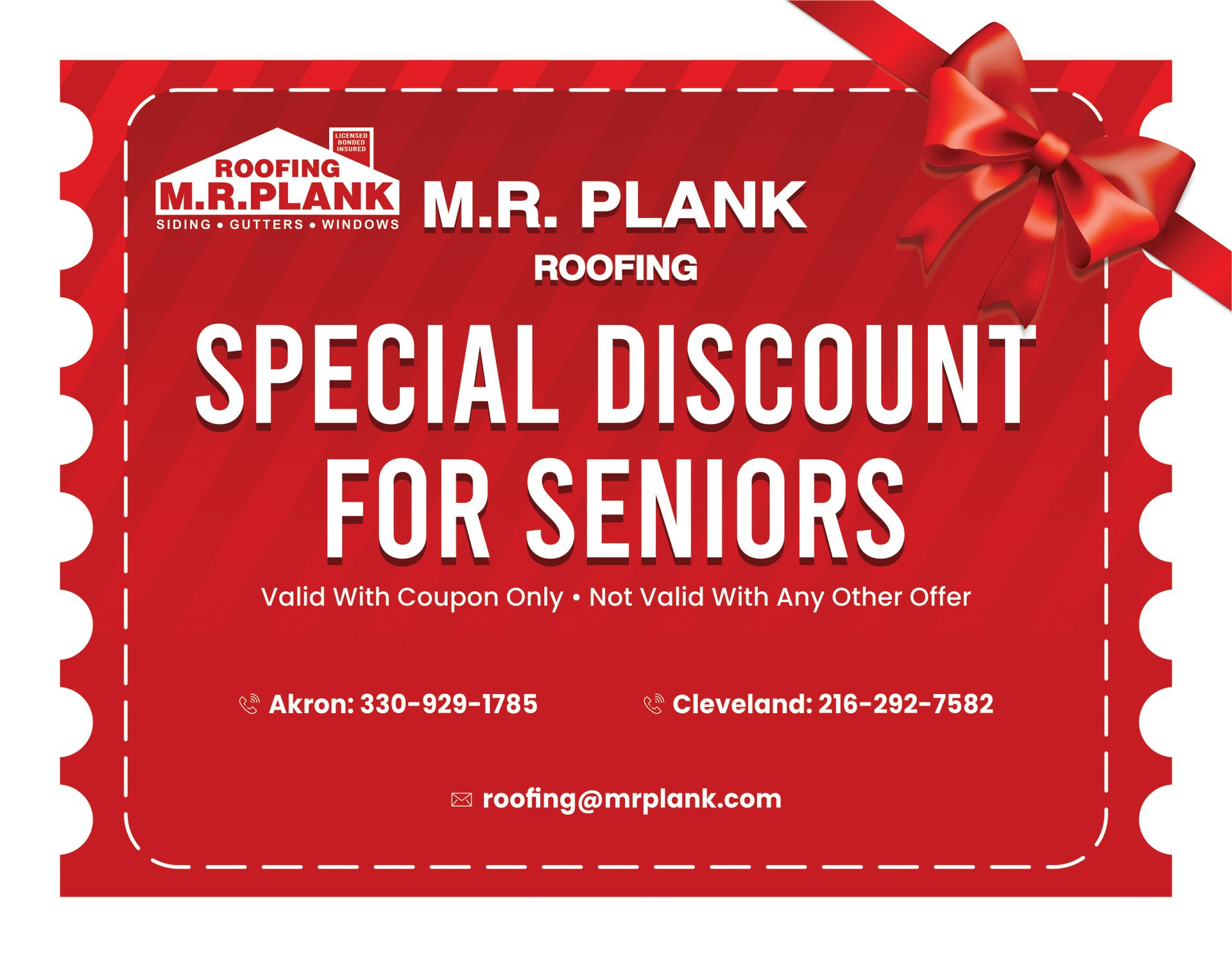 A coupon for a special discount for seniors from m.r. plank roofing