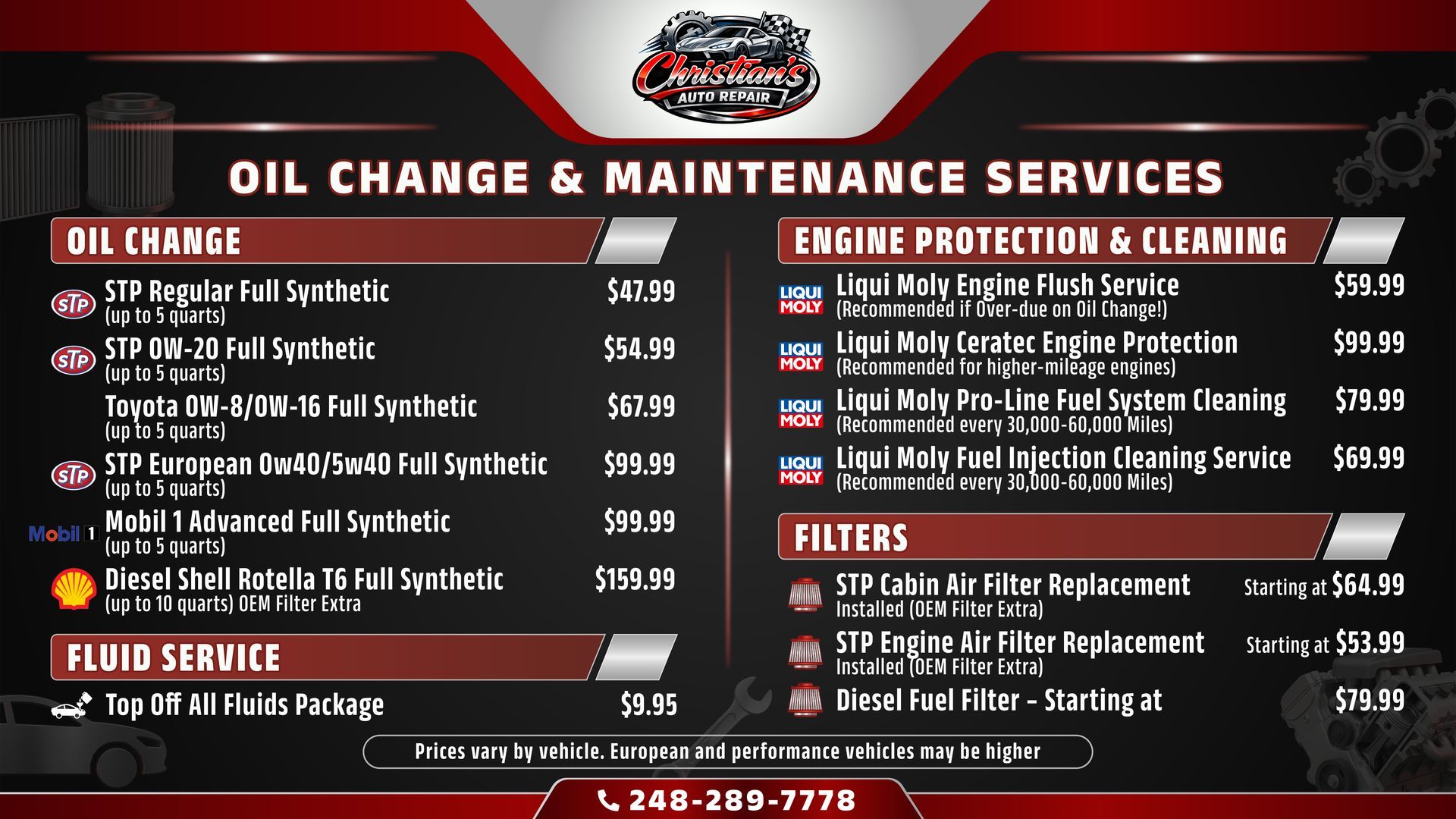 Oil Change & Maintenance Services Pricing | Christian's Auto Repair