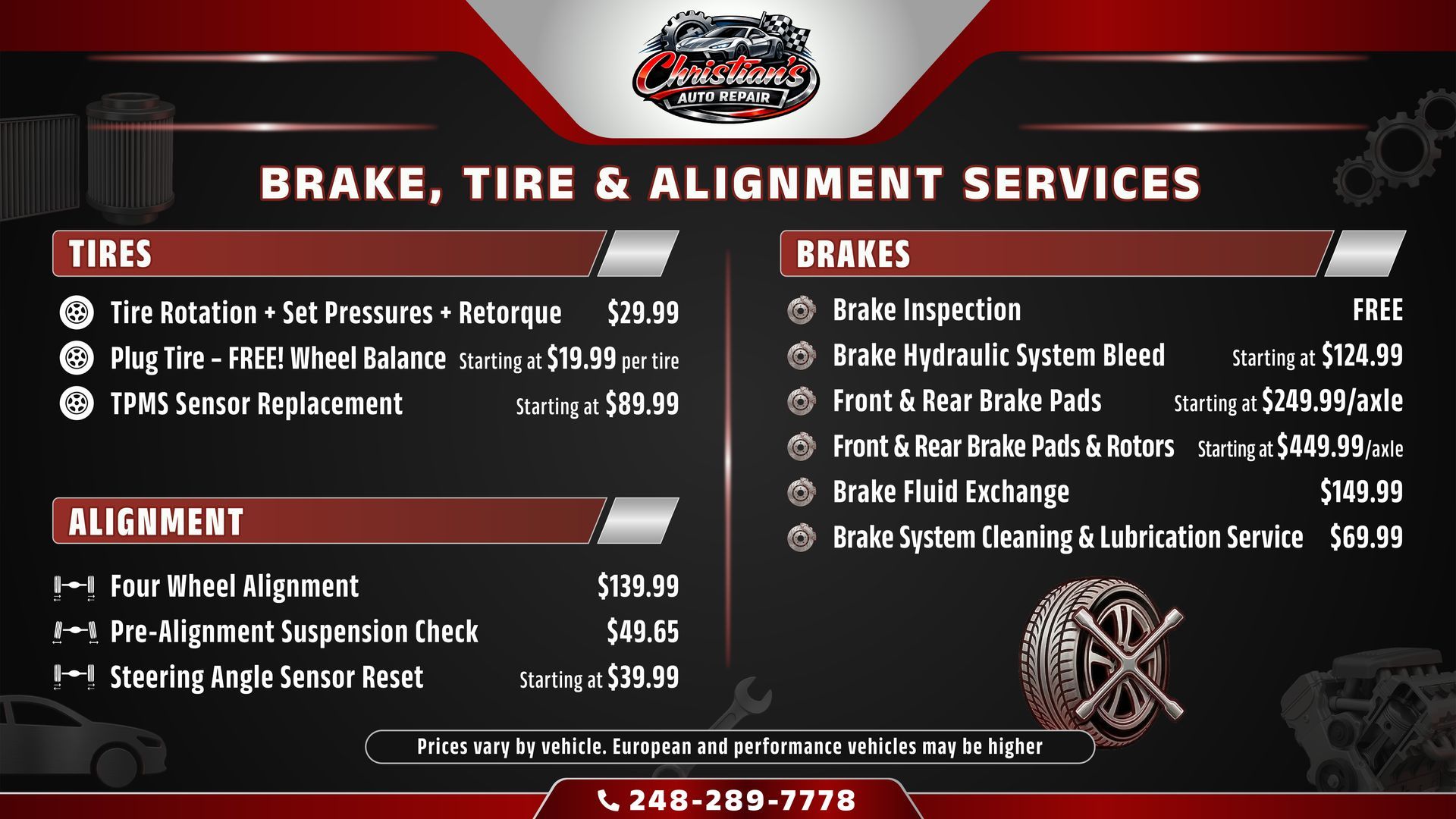 Brake, Tire & Alignment Services Pricing | Christian's Auto Repair