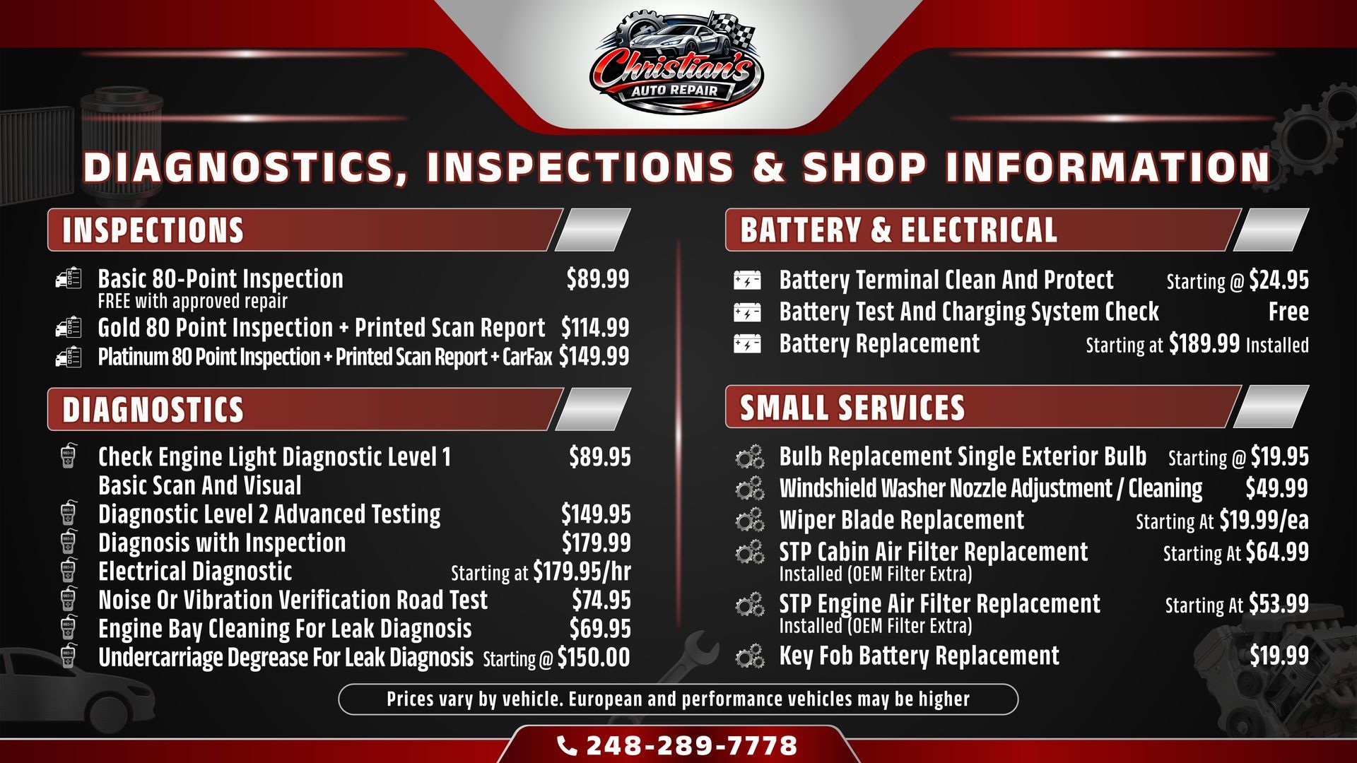 Diagnostics, Inspections & Shop Information Pricing | Christian's Auto Repair