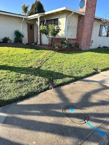 There is a blue line on the sidewalk in front of a house.