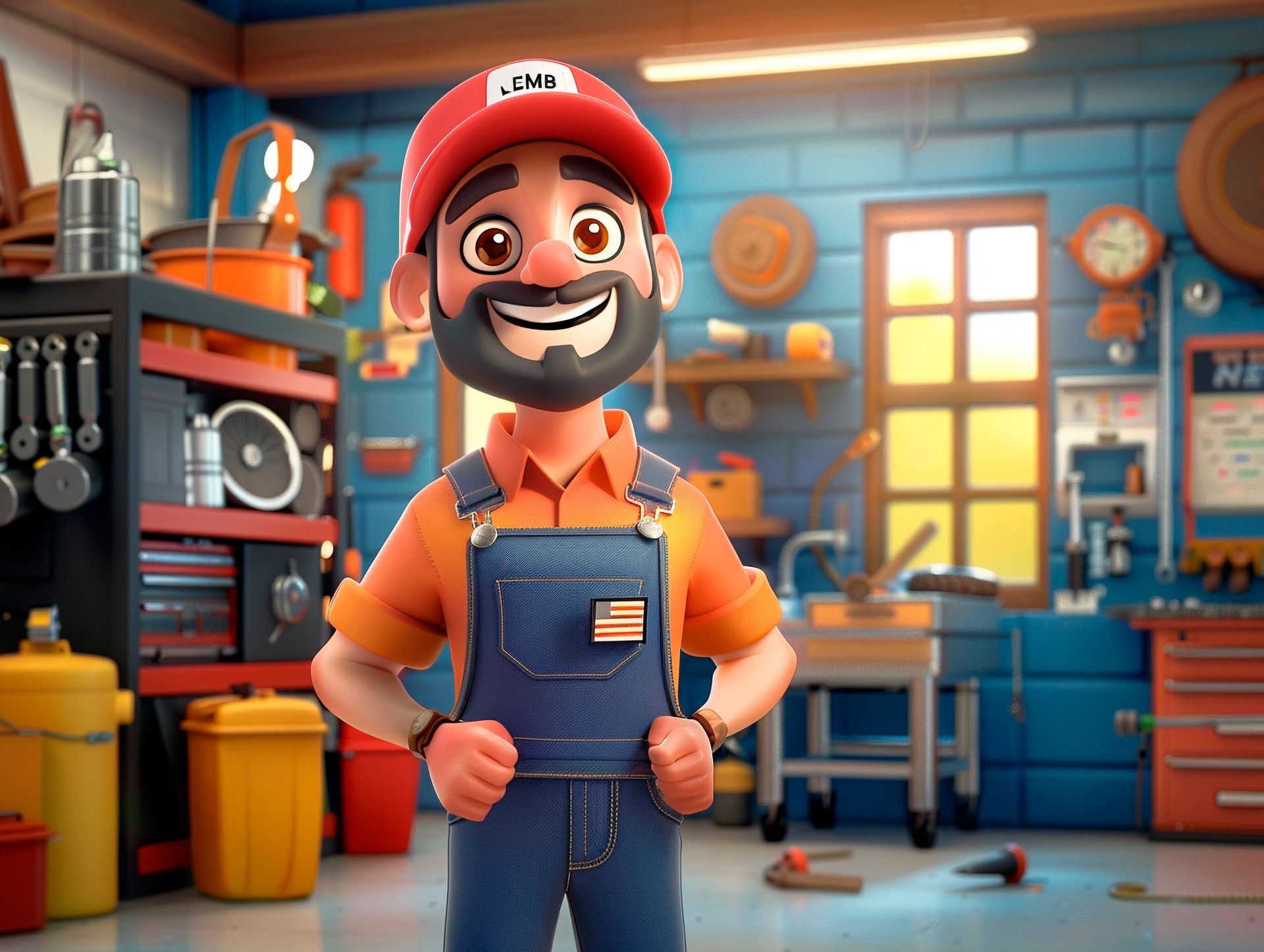 A smiling, bearded character wearing a red cap and blue overalls stands in a colorful, well-equipped workshop.