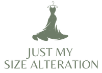 A logo for just my size alteration with a dress on a hanger.