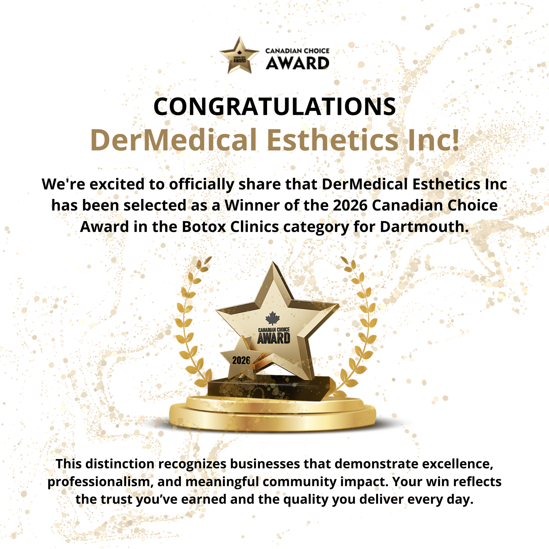 Award graphic: DerMedical Esthetics Inc. wins 2026 Canadian Choice Award for Botox Clinics in Dartmouth.