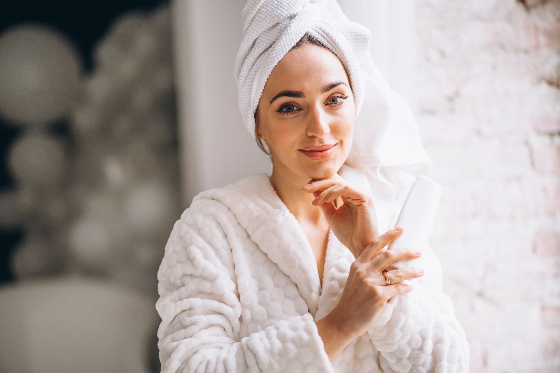 Woman in white robe and towel, smiling, near a window.
