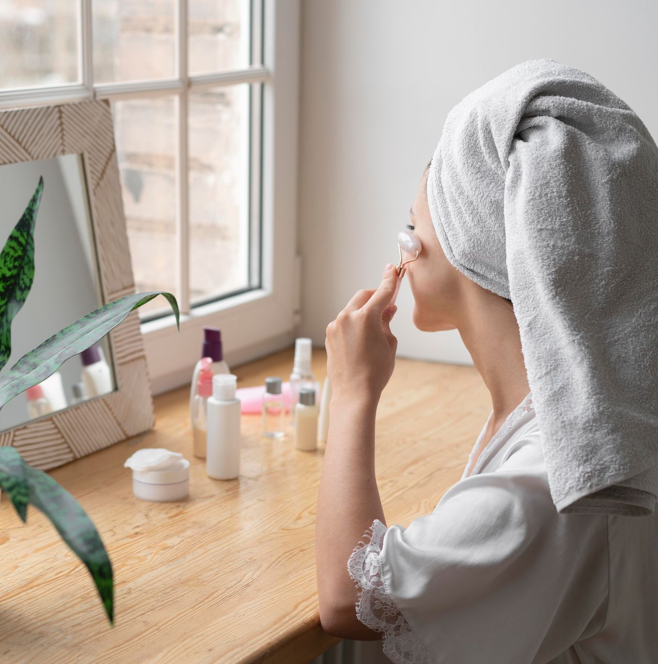 Woman in robe with towel on head applying skincare near window with a plant and mirror.