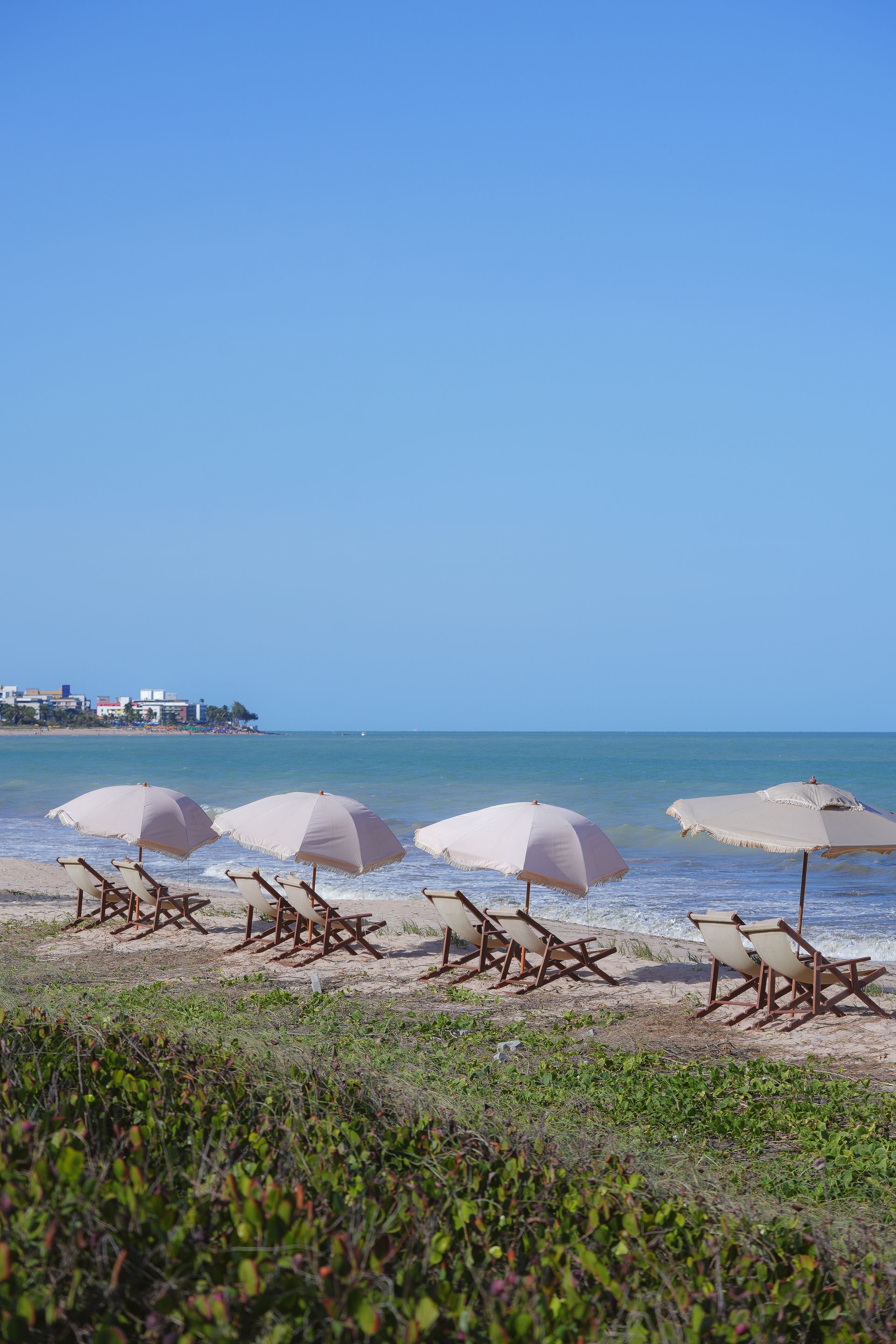 Uma fileira de cadeiras de praia e guarda-sóis em uma praia.
