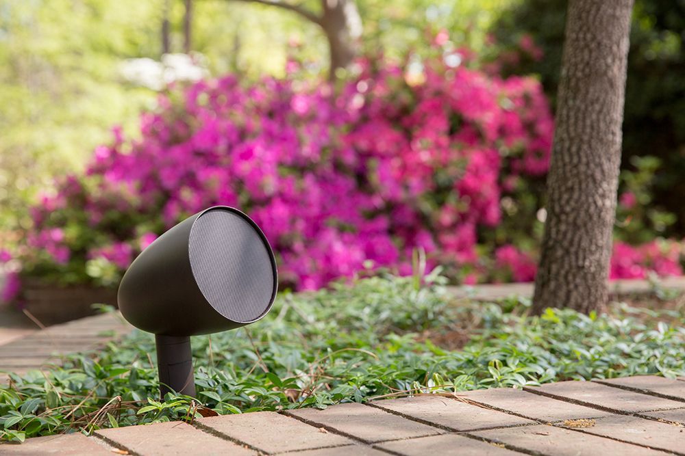 A speaker is sitting in the middle of a garden next to a tree.