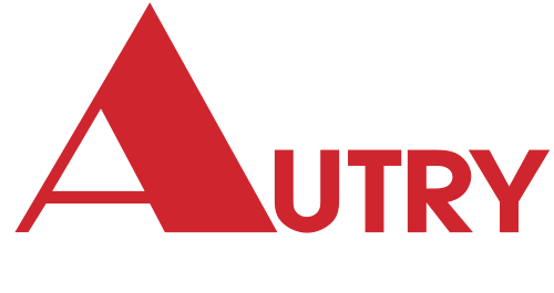 A red triangle with the word autry in white letters on a white background.