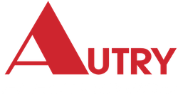 A red triangle with the word autry in white letters on a white background.